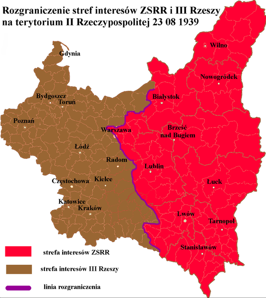 Podział stref wpływów ZSRR i III Rzeszy na terytorium II Rzeczypospolitej według tajnego protokołu.