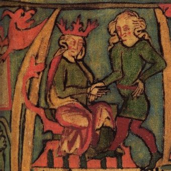 Harald Pięknowłosy symbolicznie przejmuje z rąk ojca władzę, miniatura z Flateyjarbók, XVI wiek (fot. domena publiczna)