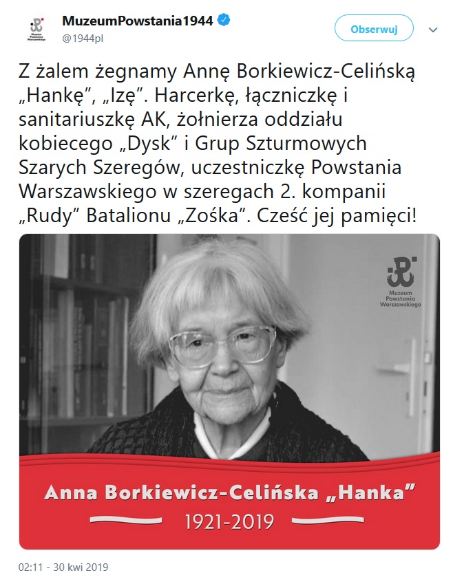 Tweet Muzeum Powstania Warszawskiego informujący o śmierci uczestniczki powstania.