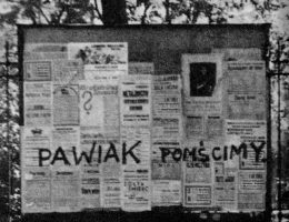 Napis wykonany przez harcerzy z organizacji „Wawer” na tablicy ogłoszeniowej przy ul. Brackiej.