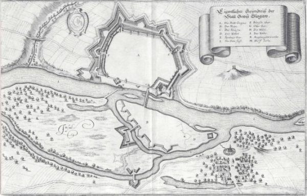 Twierdza Głogów na planie Głogowa z 1650 roku