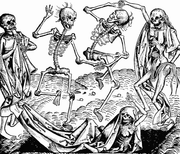Inspirowany Czarną Śmiercią Taniec Śmierci, czyli Danse Macabre, alegoria uniwersalności śmierci, był częstym motywem malarskim w późnym średniowieczu.