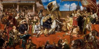 Hołd pruski w 1525 roku. Wkrótce po tym wydarzeniu wielki mistrz krzyżacki, Albrecht Hohenzollern, zawitał do Poznania.