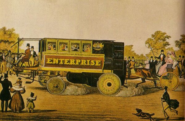 Poza Bożkiem na początku XIX wieku prace nad pojazdami drogowymi napędzanymi parą prowadzili również inni wynalazcy, m.in. Walter Hancock (na il. jego parowy autobus).