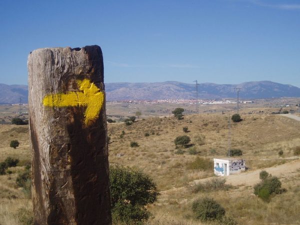 Charakterystyczna żółta strzałka wskazująca drogę pielgrzymom (na zdj. w okolicach Madrytu)