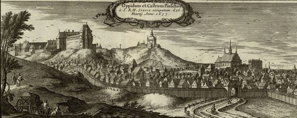 Panorama Pińczowa z 1657 roku z widocznym zamkiem na wzgórzu po lewej