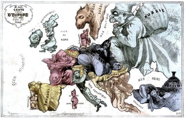„Mapa Europy w 1914 roku” mocno opiera się na innej satyrycznej grafice zaprojektowanej przez francuskiego rysownika: Paula Hadola.