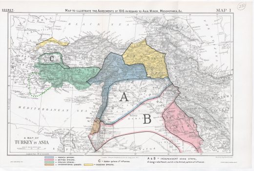 Plan rozbioru Imperium Osmańskiego pomiędzy państwa Ententy na mocy umowy Sykes-Picot.